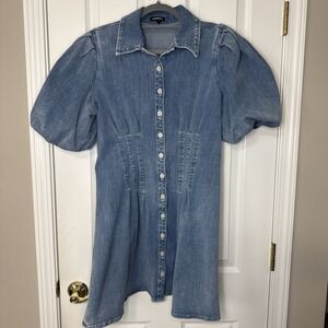 Express Chambray Denim Shirt Dress Puff Sleeve Size L | Button Front Blue